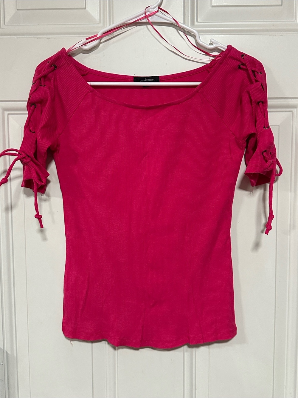Ambiance Hot Pink Lace-Up Short Sleeve Ribbed Top
